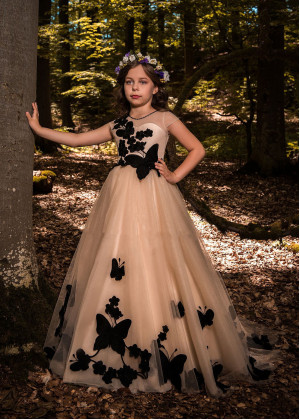 Champagne Tulle Black Butterflies Fairytale Flower Girl Dress